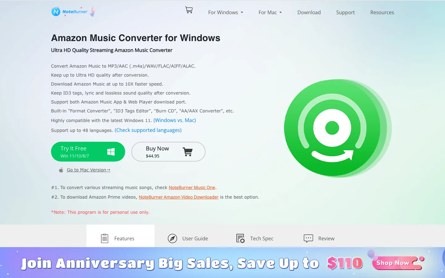 NoteBurner Amazon Music Converter official product page screenshot