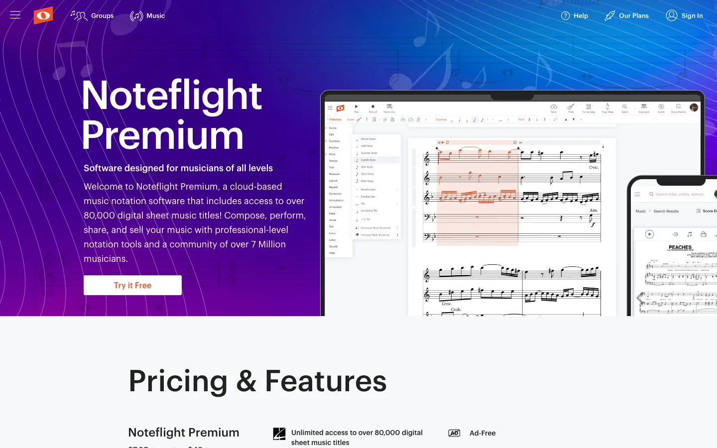 Noteflight Premium public page showing cloud music notation software