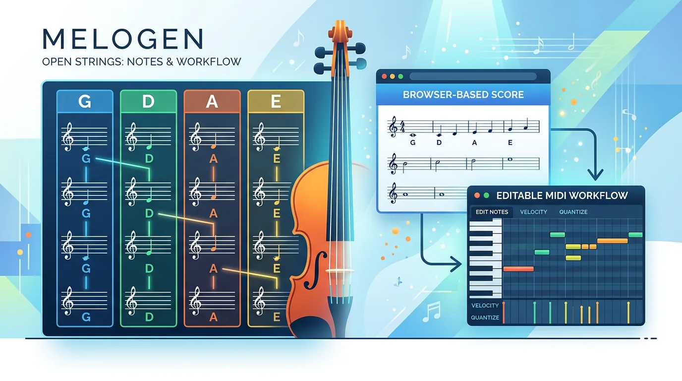Violin open-string note map with staff lines and a score-to-MIDI workflow