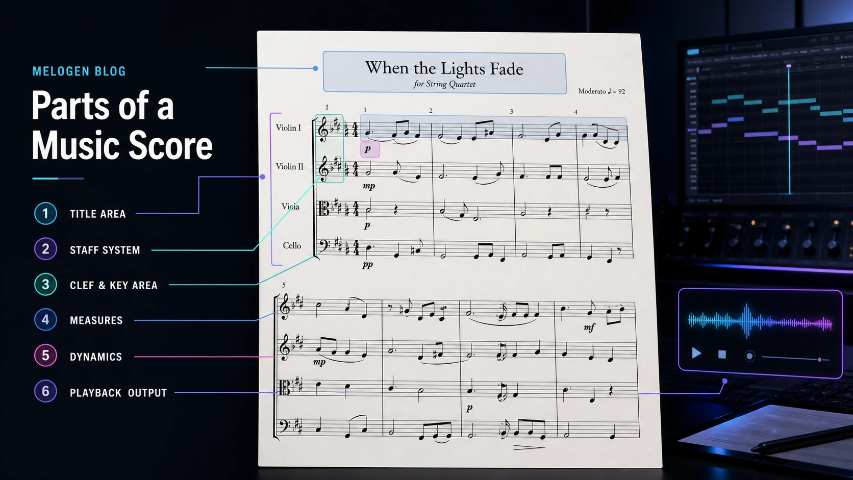 Annotated music score showing title area, staff system, clef and key area, measures, dynamics, and playback output