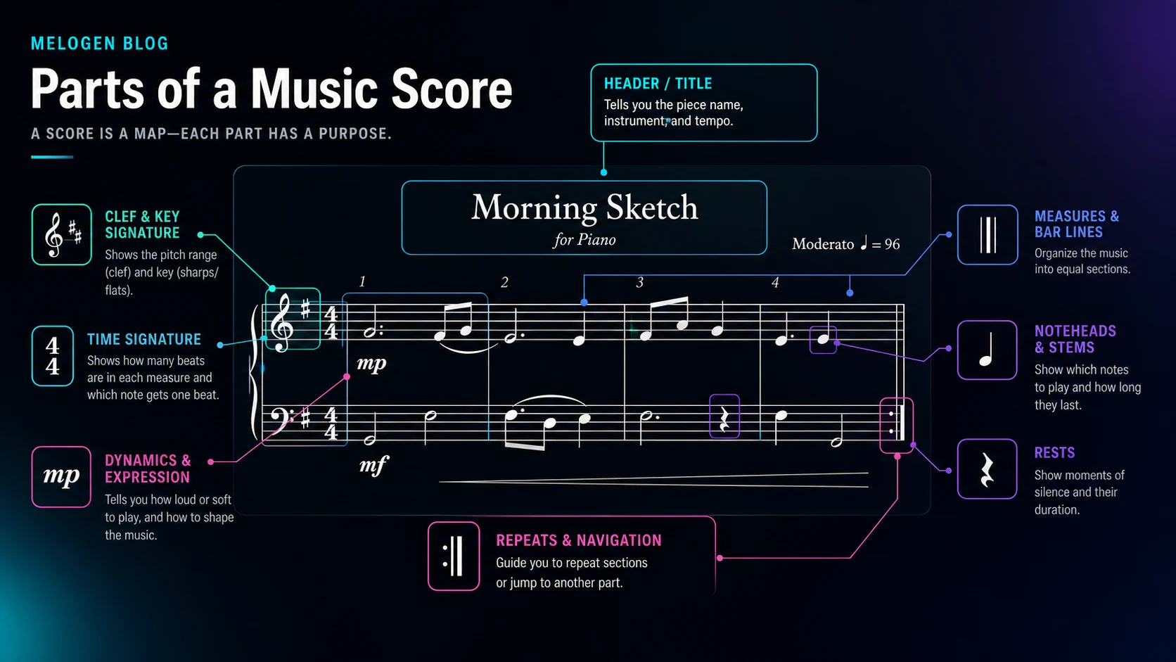 Annotated score anatomy map showing header, clef, key signature, time signature, measures, noteheads, rests, dynamics, and repeats