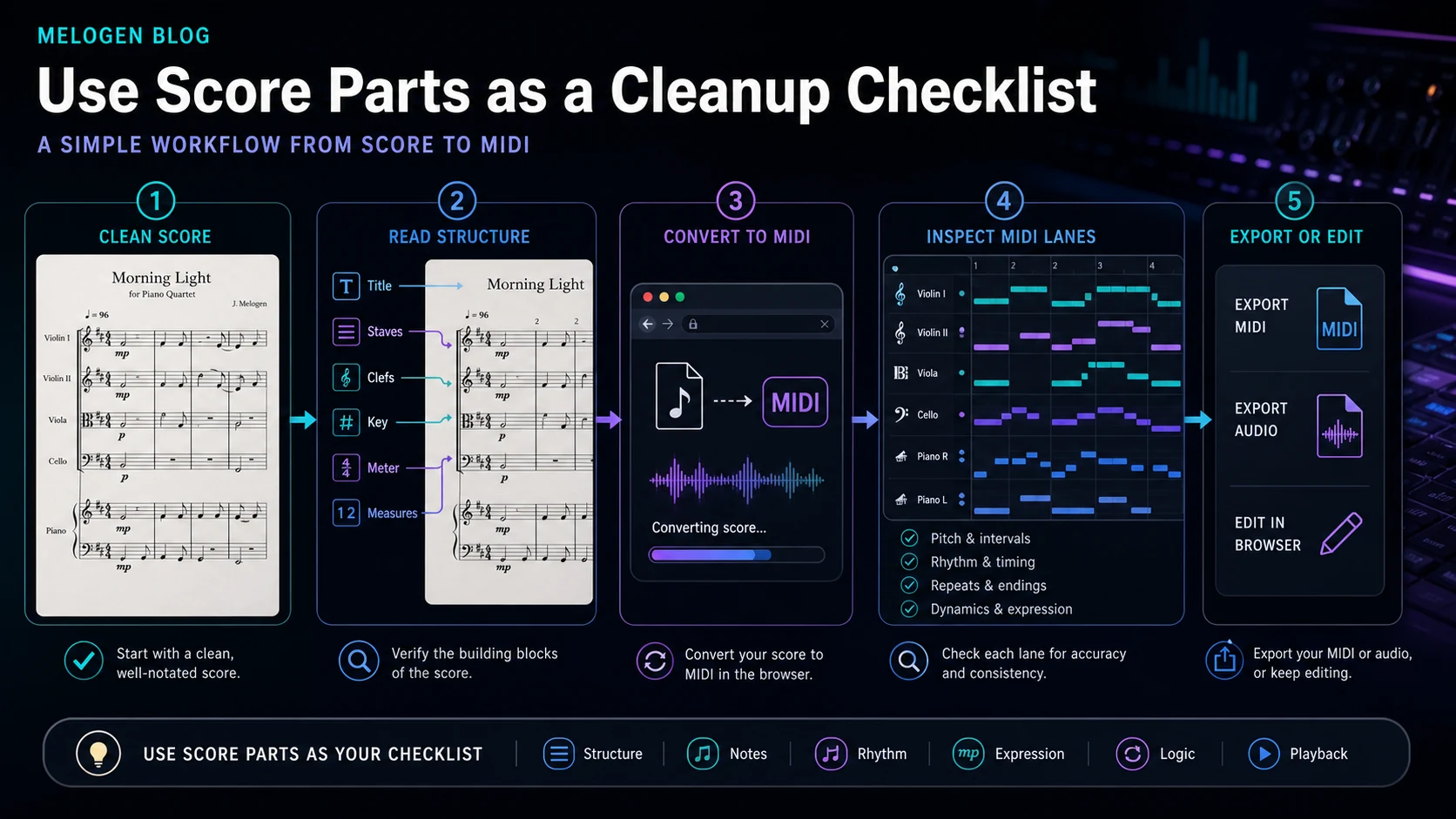 Workflow infographic showing a clean score moving through structure checks, browser-based MIDI conversion, MIDI lane inspection, and export or editing