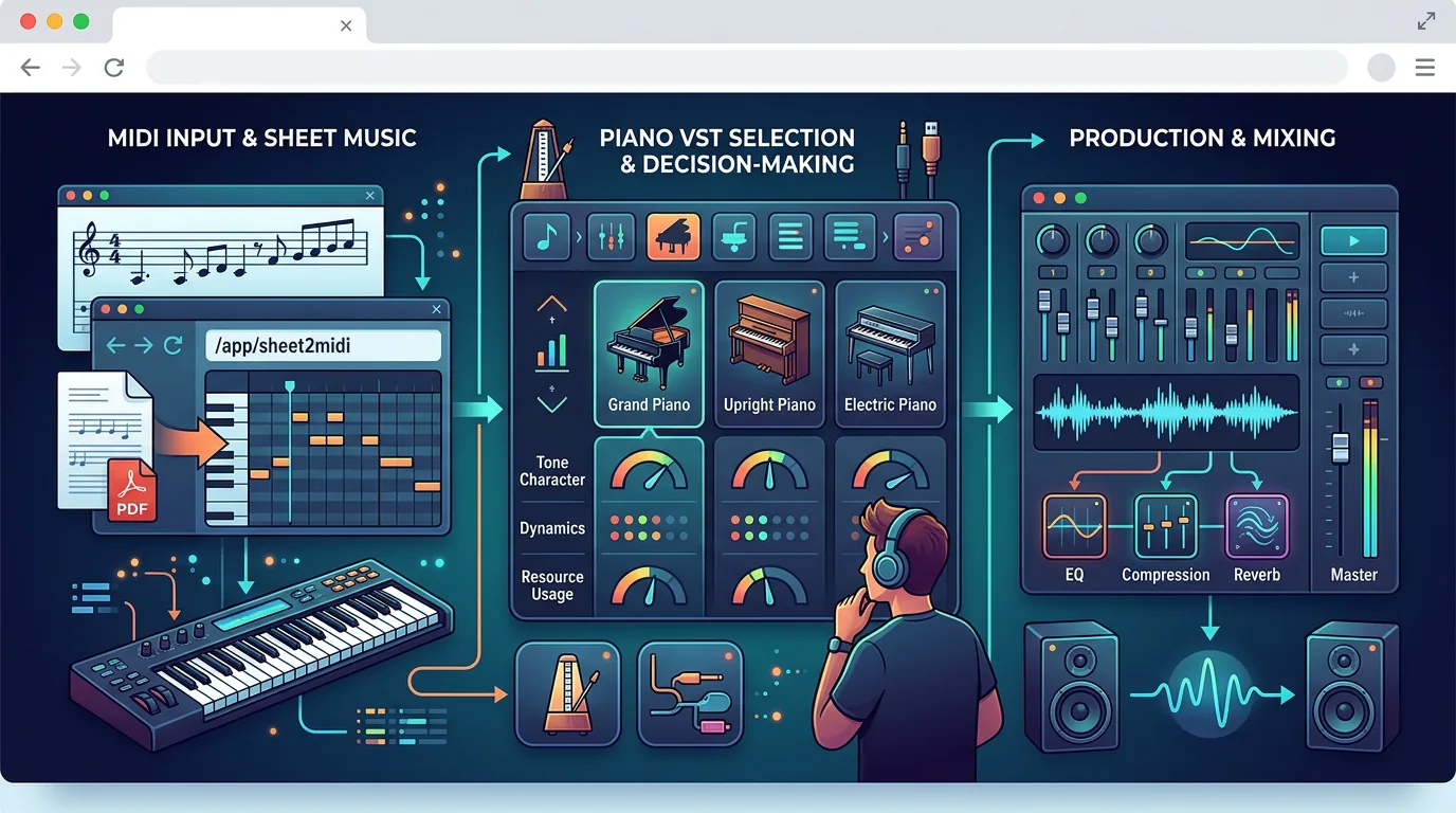 Piano-VST-Entscheidungsworkflow, der Noten und MIDI in virtuelle Instrumente führt