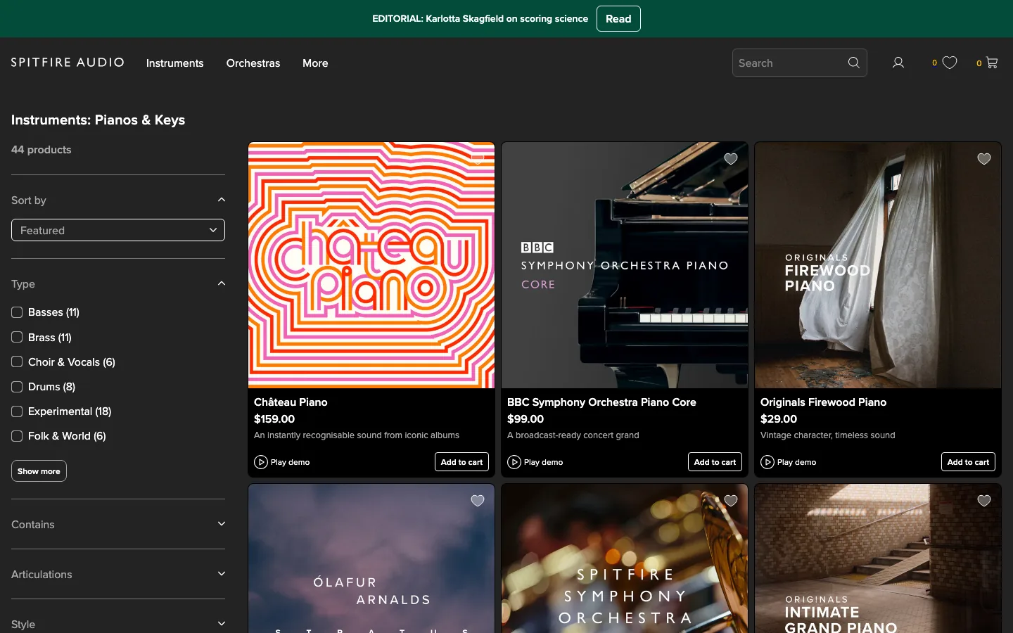 Spitfire Audio official pianos and keys collection page screenshot