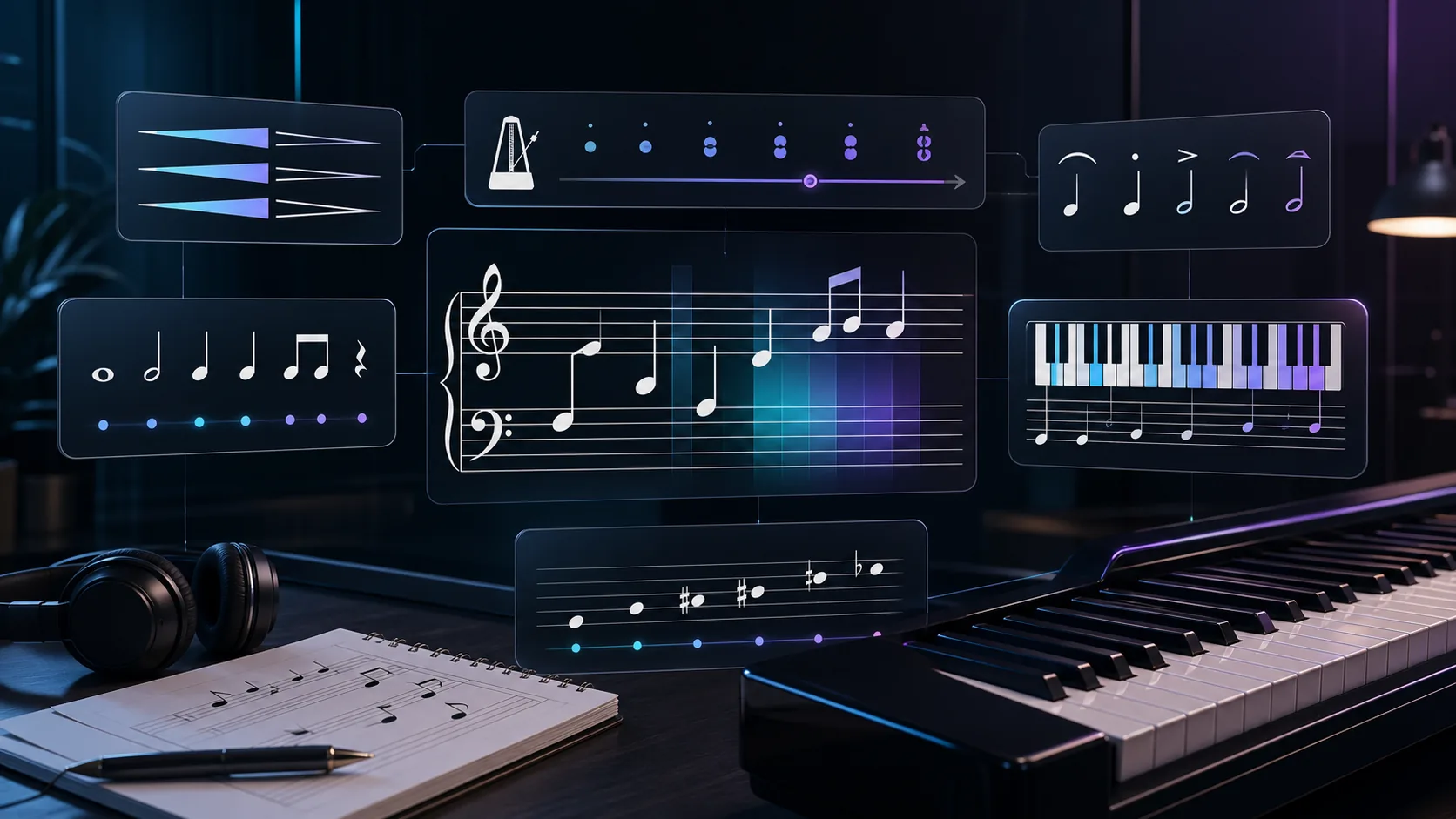 Piano keyboard and notation panels showing beginner piano vocabulary categories