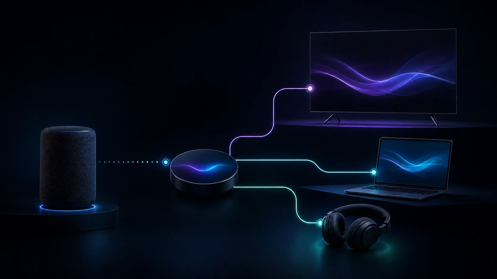 Abstract audio controller routing music to a speaker, TV, laptop, and headphones
