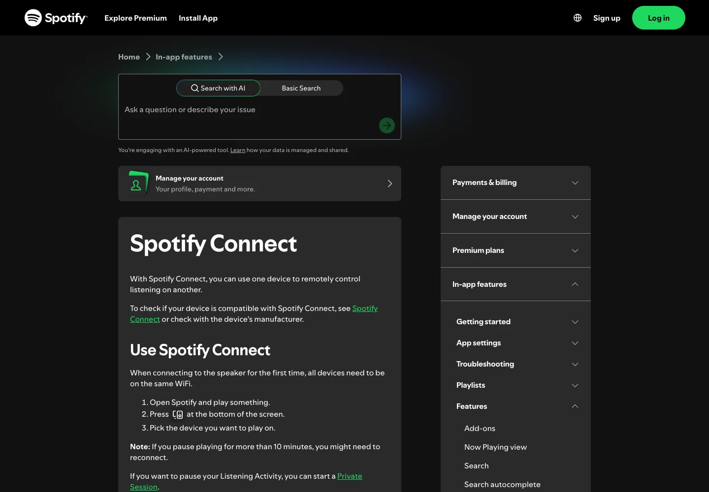 Spotify Connect support page showing remote-control setup steps
