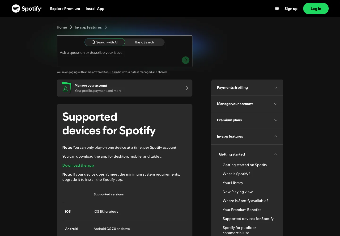 Spotify support page stating that one account plays on one device at a time
