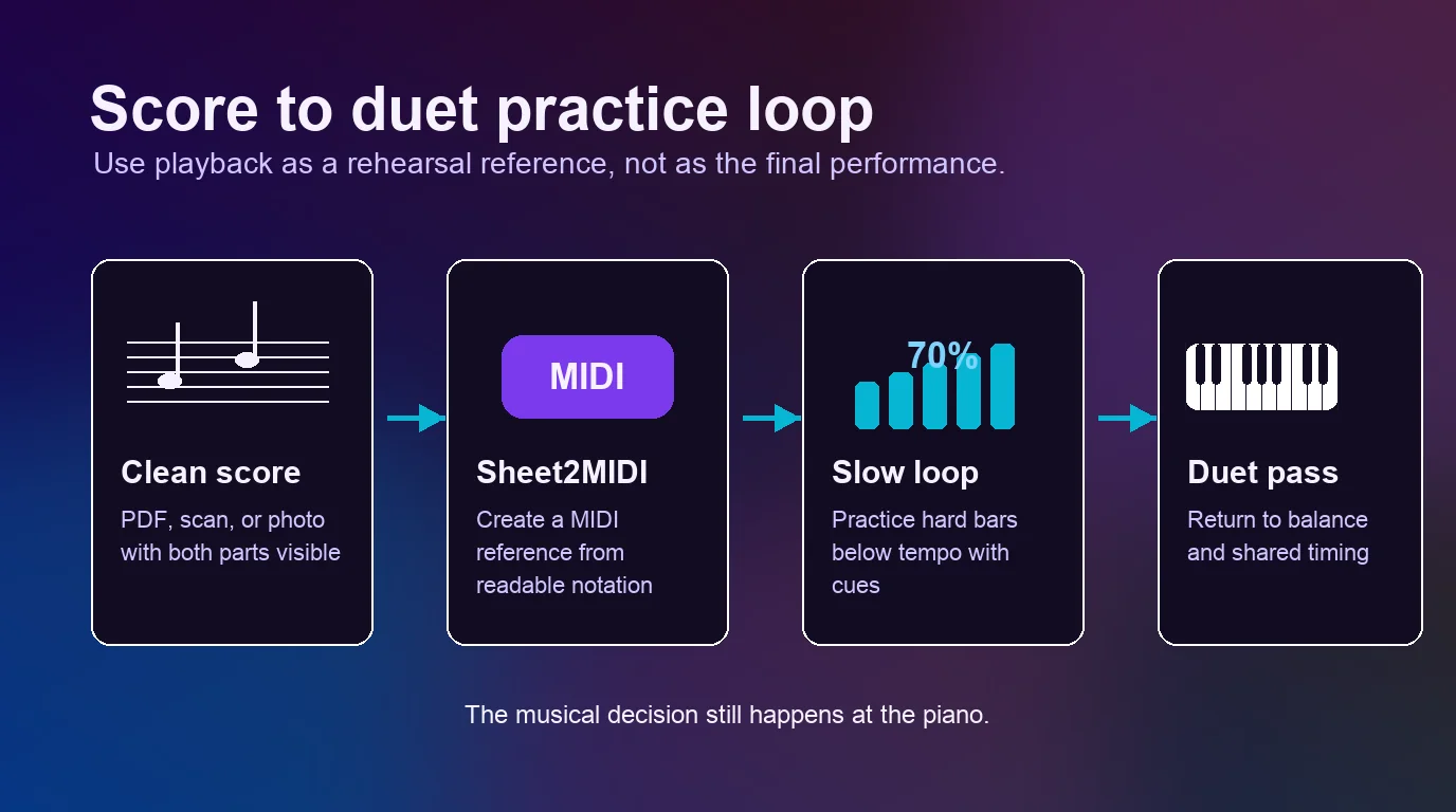 Score to duet practice loop from clean sheet music through Sheet2MIDI and slow playback