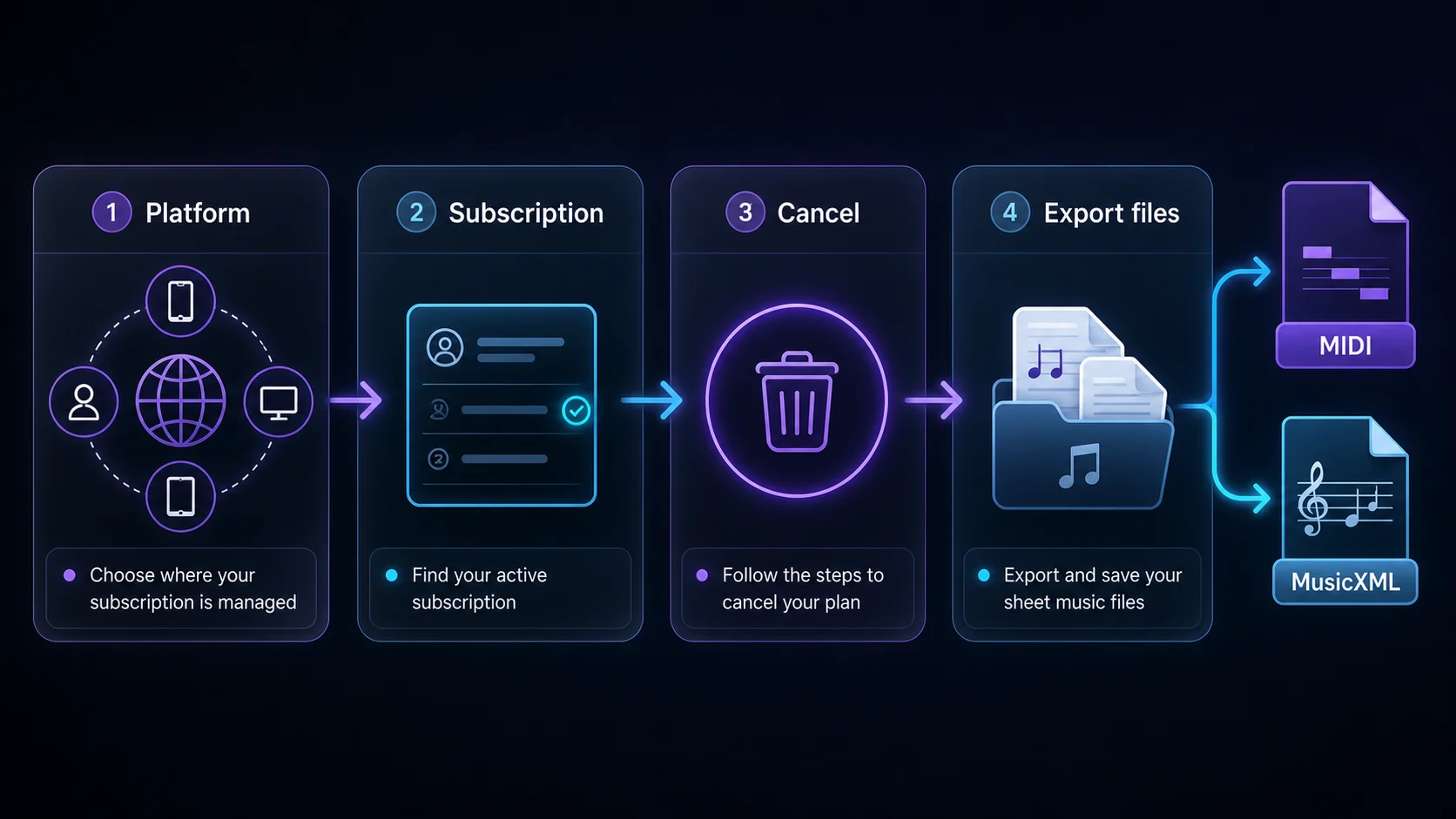 Four-step cancellation workflow from platform store to saved MIDI and MusicXML files