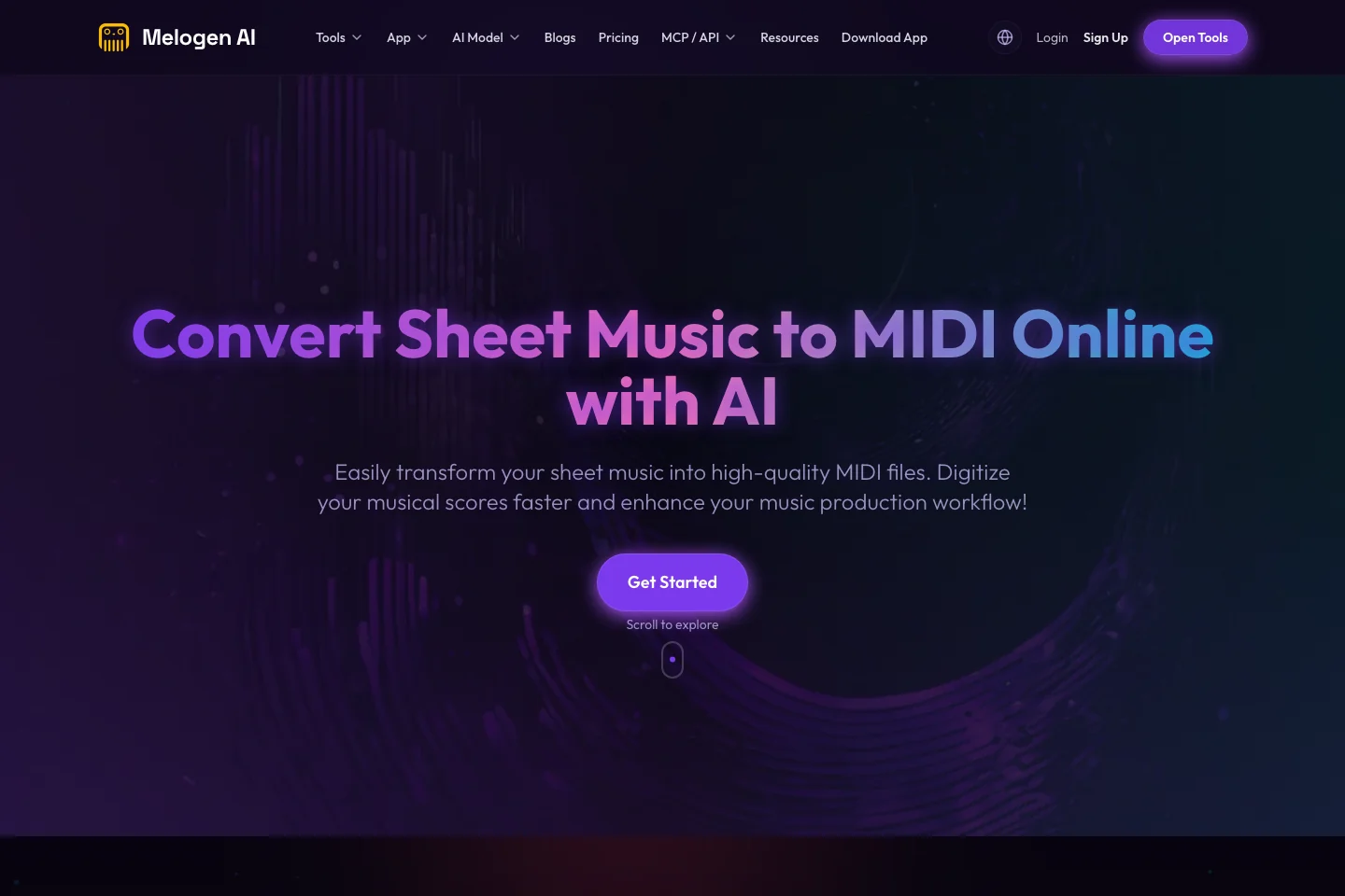 Melogen Sheet2MIDI page for browser-based sheet music to MIDI conversion