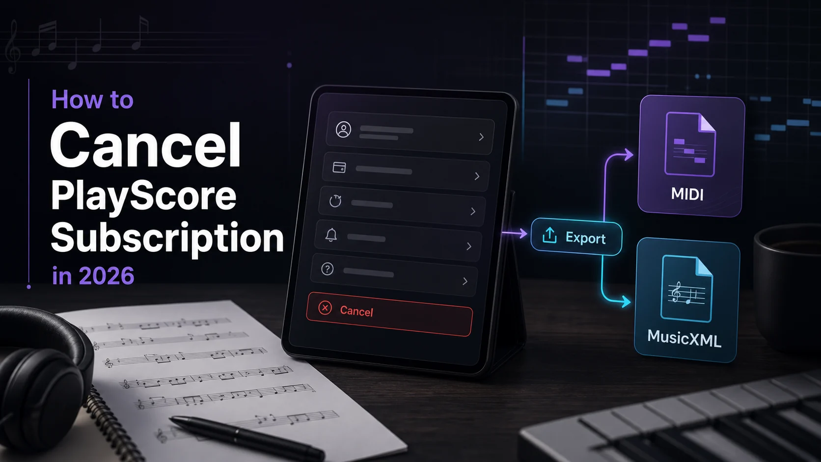 Workflow for canceling a PlayScore subscription and saving sheet music exports as MIDI or MusicXML