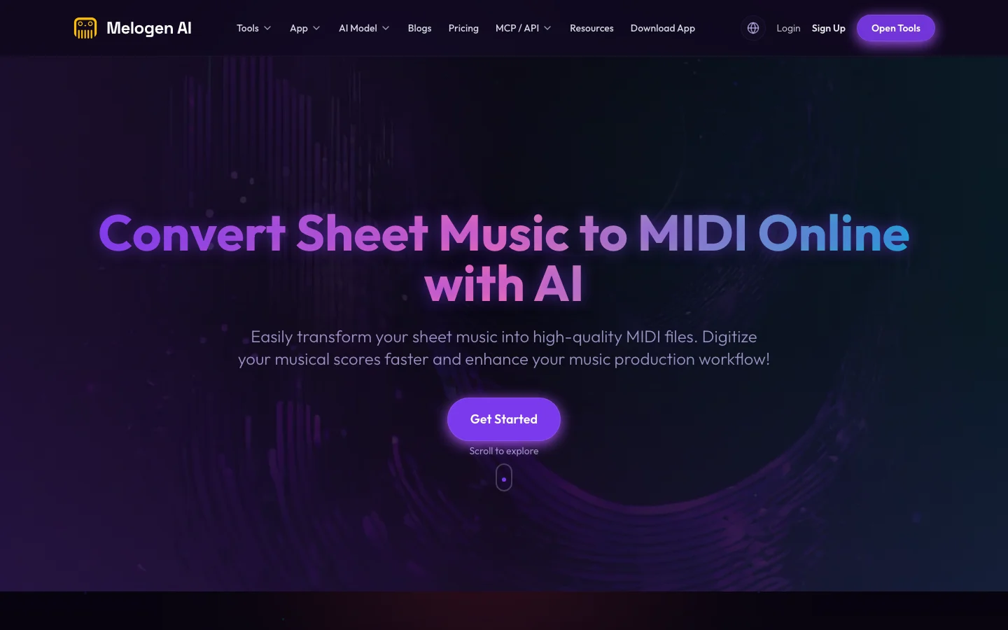 Melogen Sheet2MIDI page for turning visible sheet music into editable MIDI