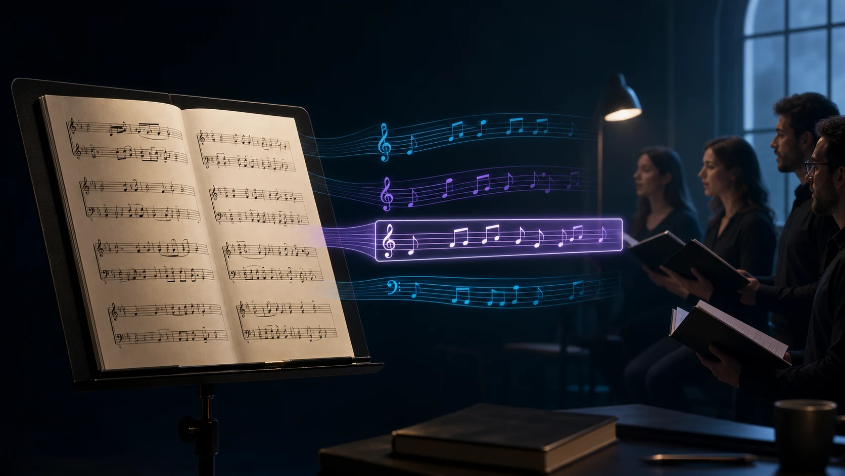 Choir score with one vocal staff highlighted for focused part rehearsal