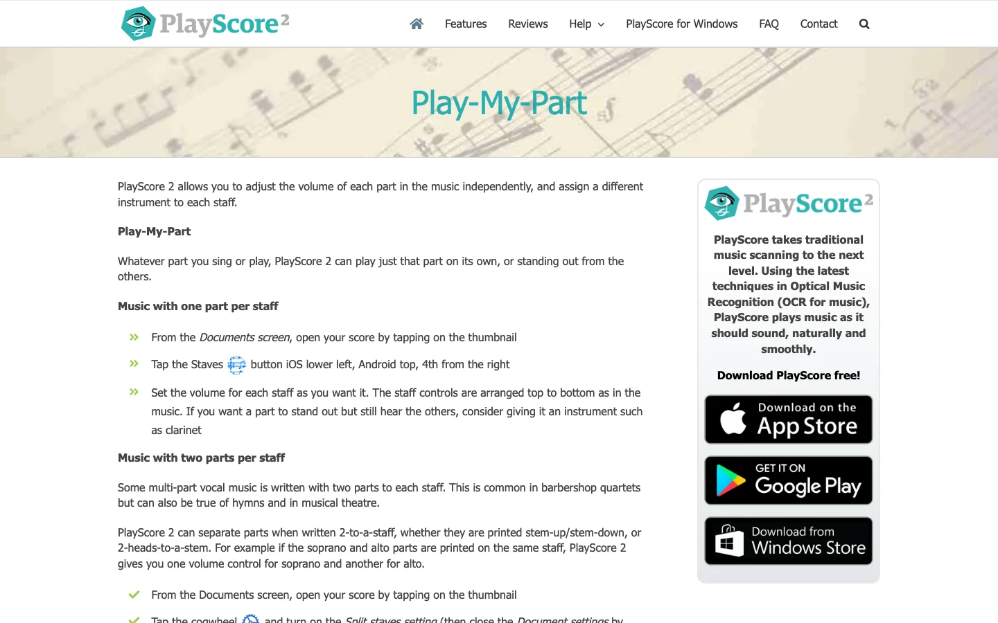 Official PlayScore Play-My-Part page showing staff-volume and split-staff instructions