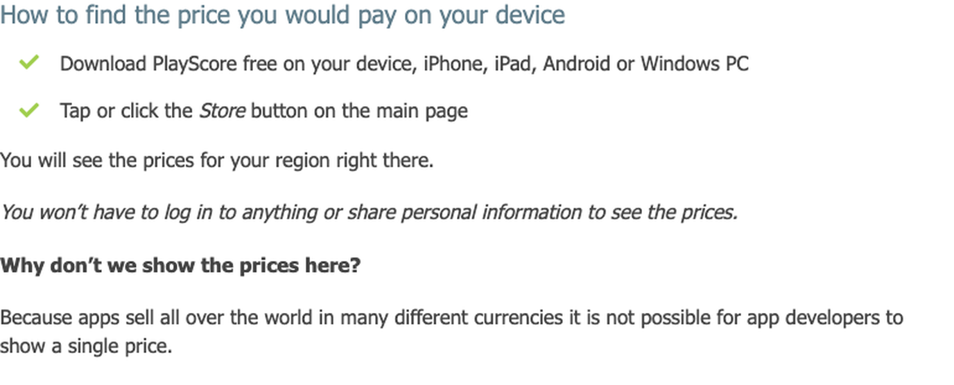PlayScore official FAQ explaining that subscription prices must be checked on the user’s device and region