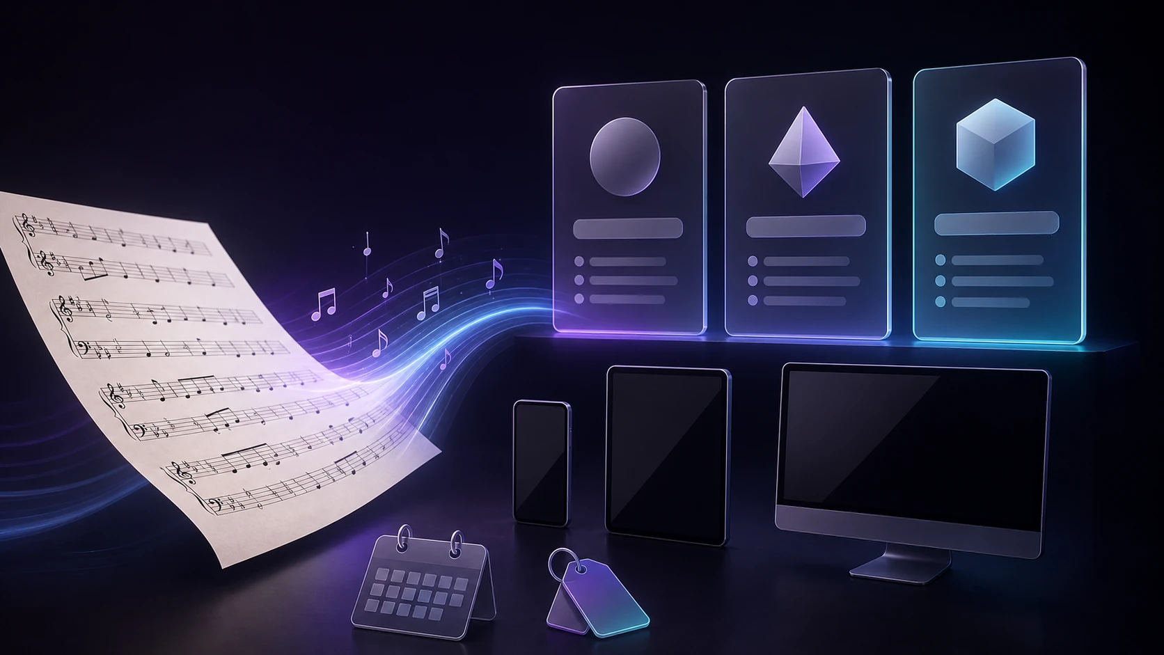 Sheet music, three subscription tiers, and devices representing PlayScore plan choices