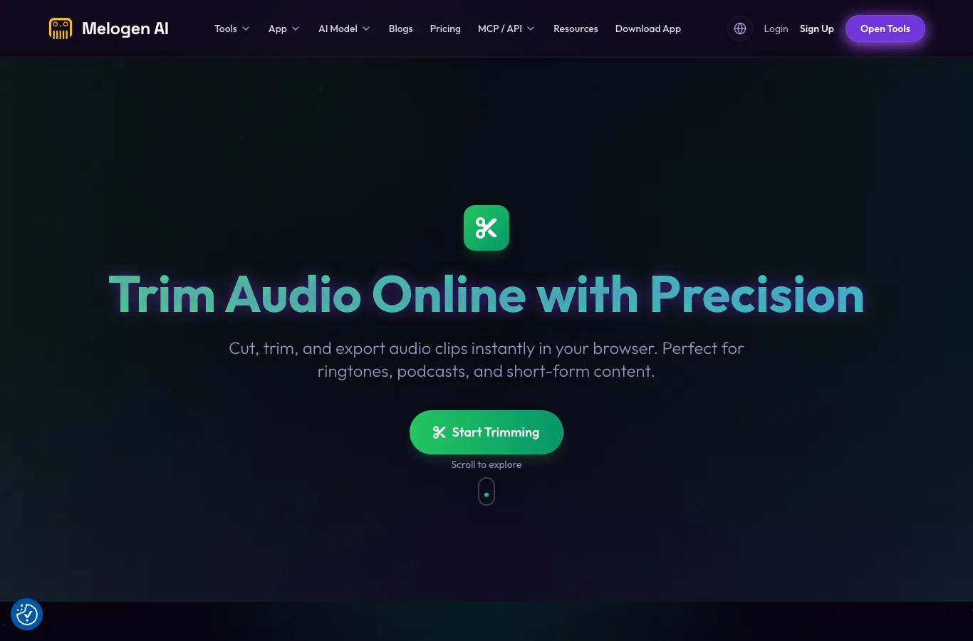 Melogen Music Trimmer page for preparing owned local audio after Spotify library cleanup