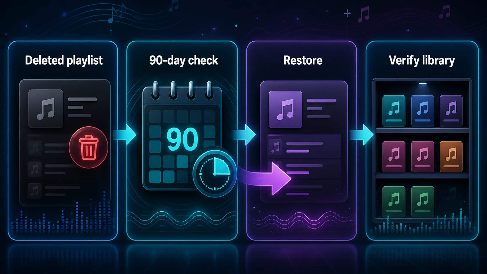 Four-step Spotify playlist recovery workflow from deletion to verification
