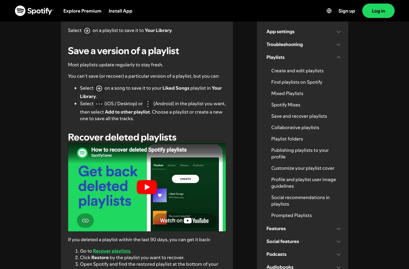 Spotify official support section for recovering deleted playlists
