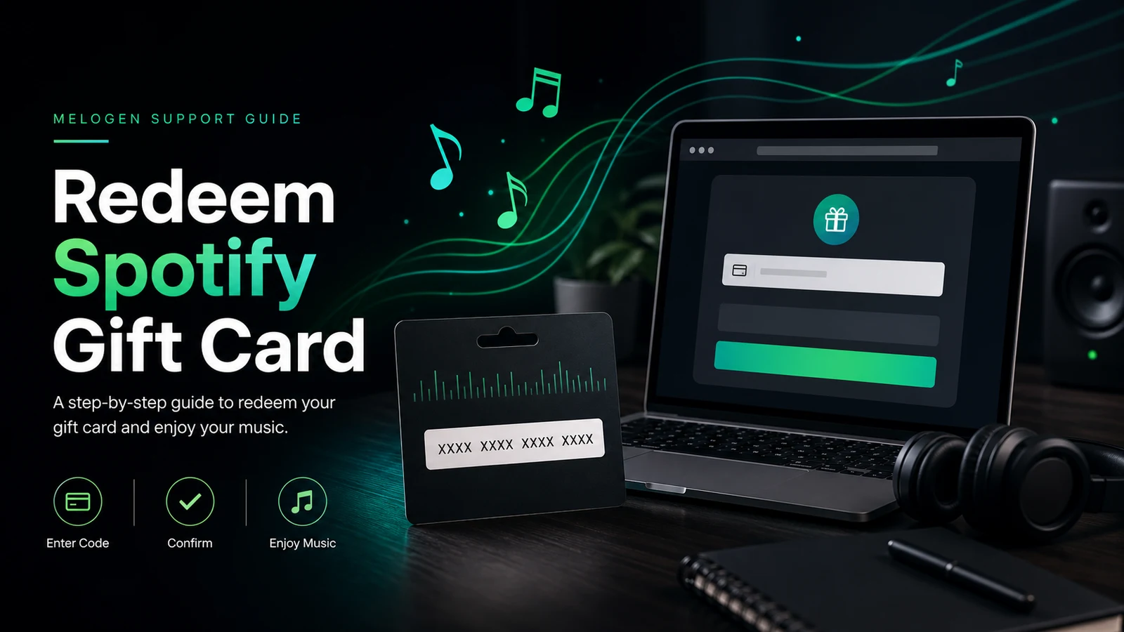 Support guide cover showing a browser gift card redemption form and music notes