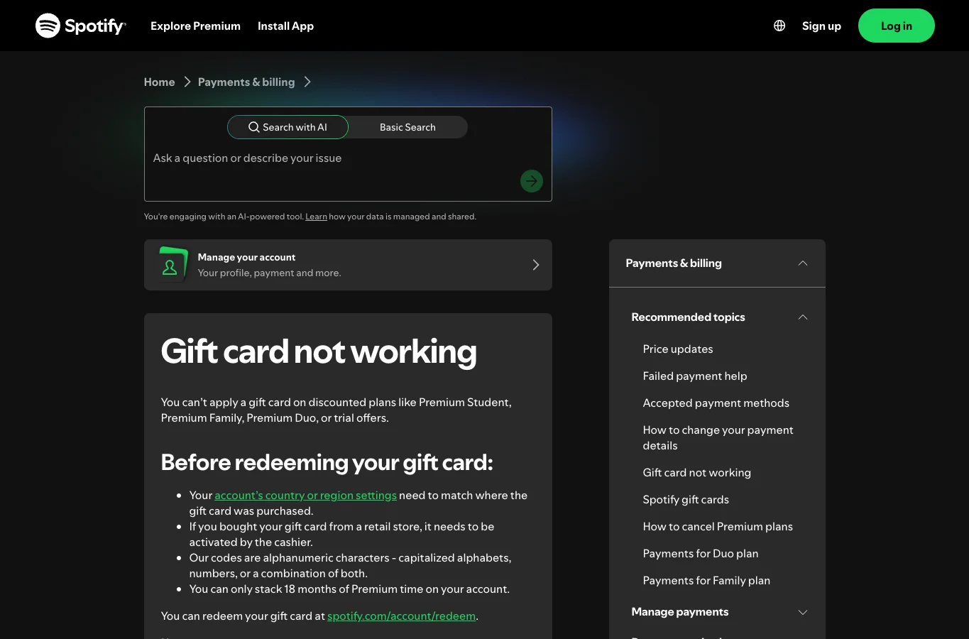 Spotify official gift card not working support page with eligibility checks