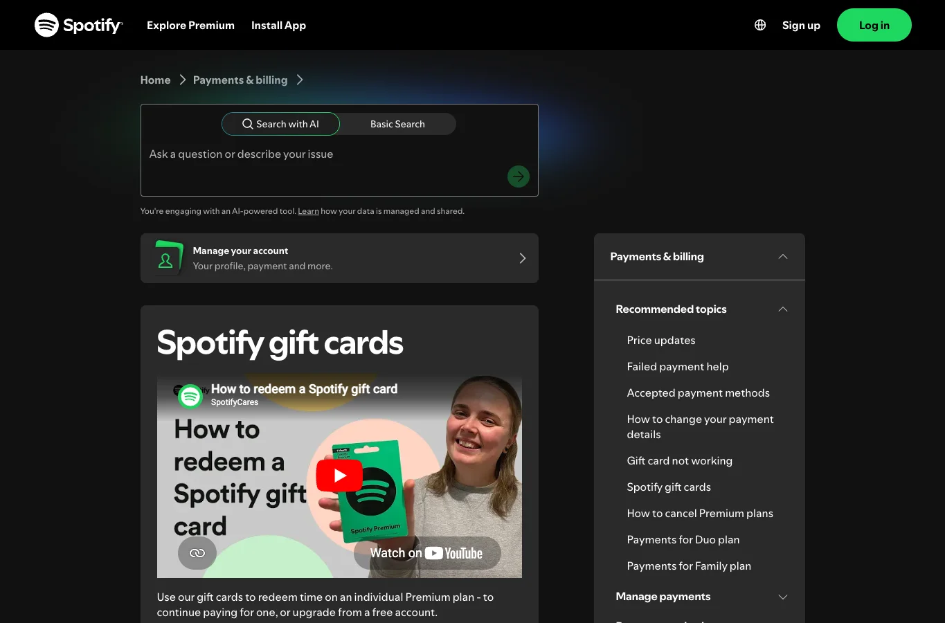 Spotify official gift cards support page showing redemption guidance