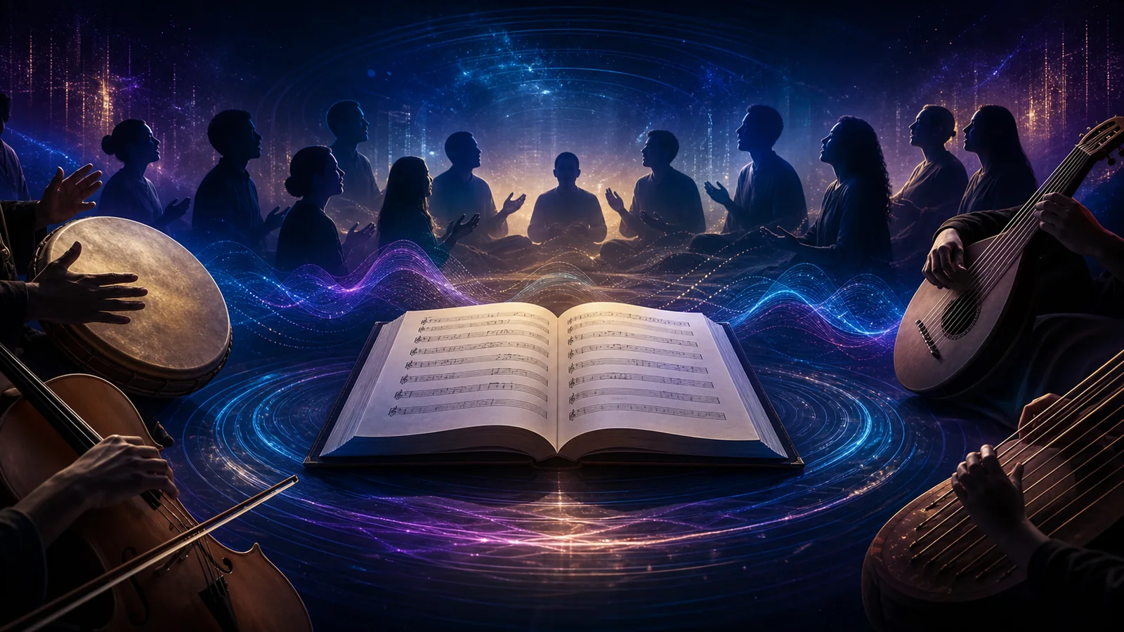 Religious music traditions represented by a shared score, singers, instruments, and flowing sound waves