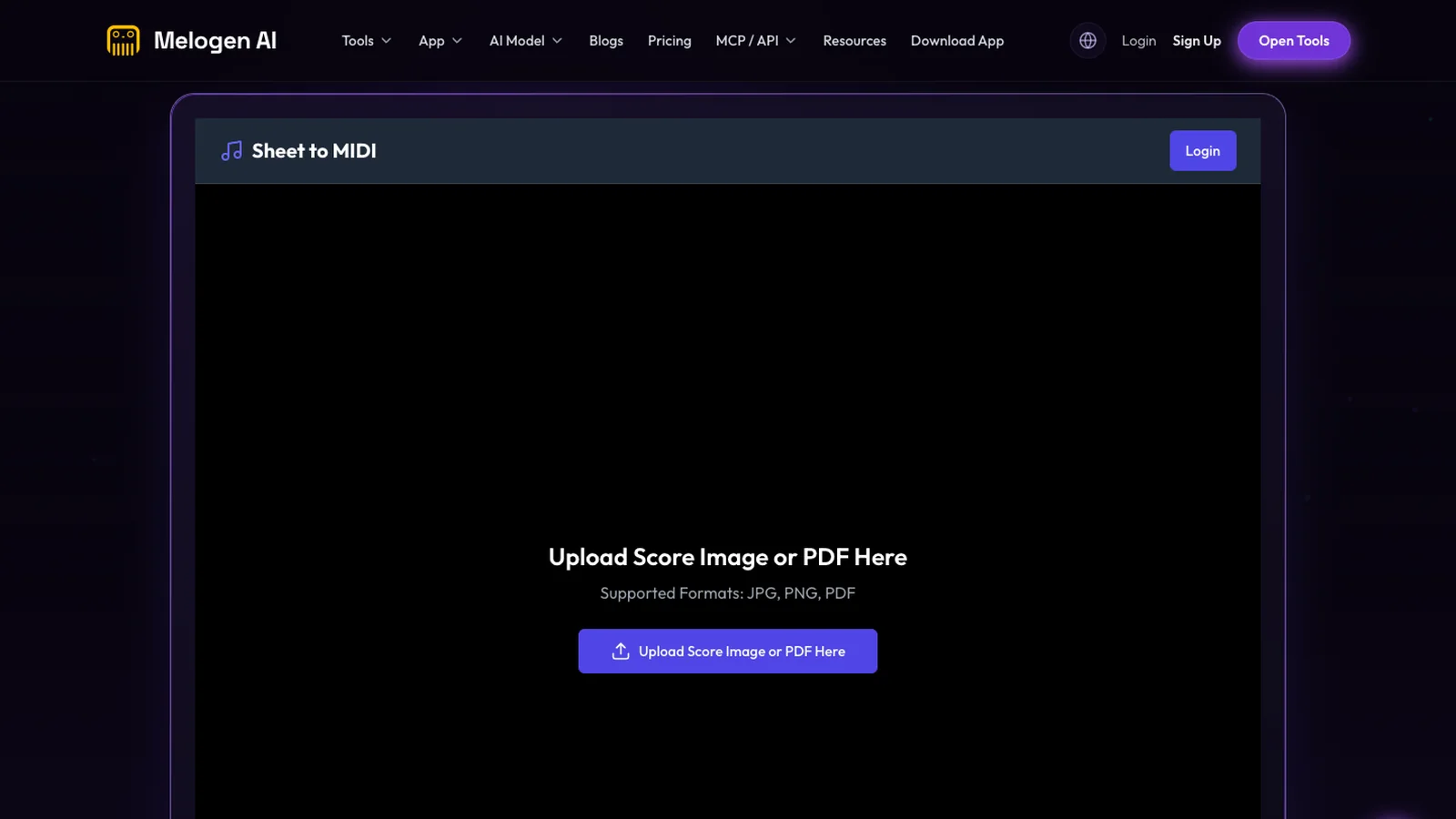 Melogen Sheet2MIDI upload interface for JPG, PNG, and PDF score sources