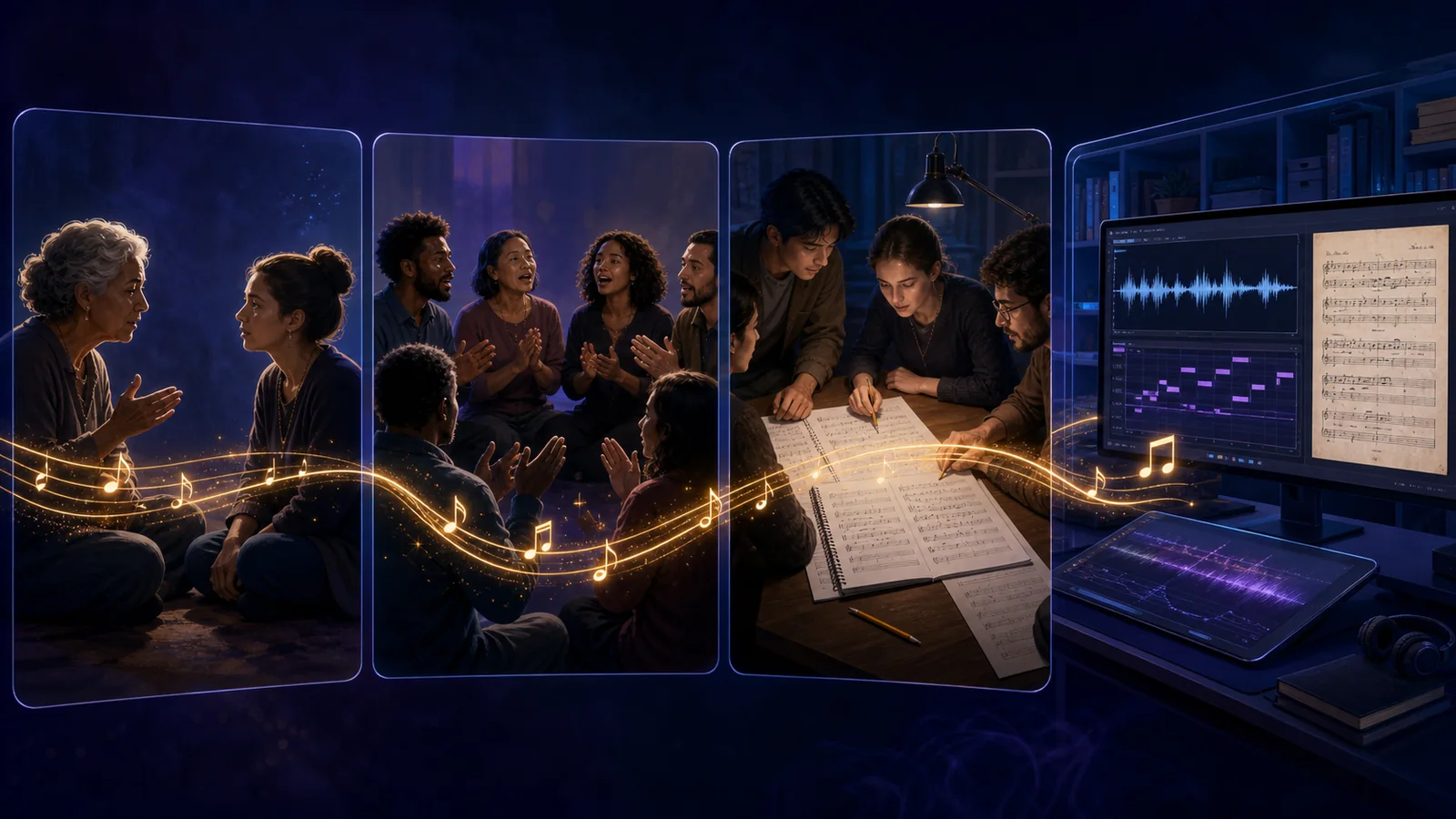 Religious music moving from oral memory through community participation and notation to careful digital reference
