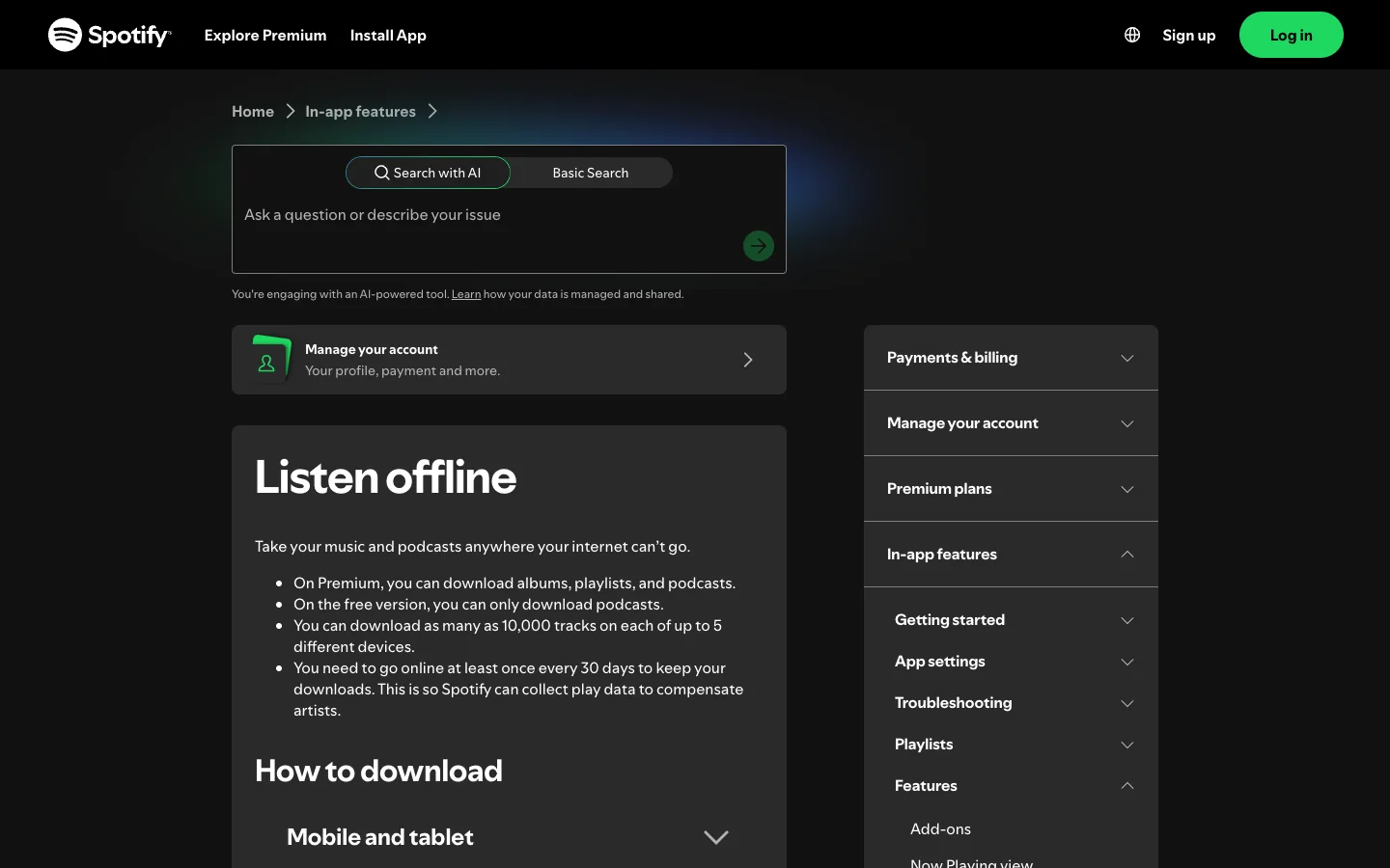 Spotify official listen offline support page showing download and device-limit rules