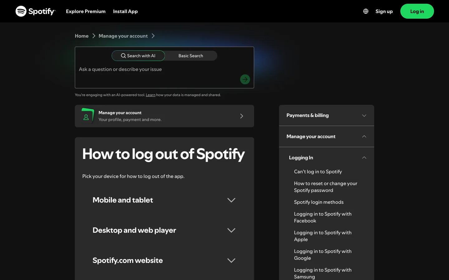 Spotify official support page for logging out of Spotify across device types
