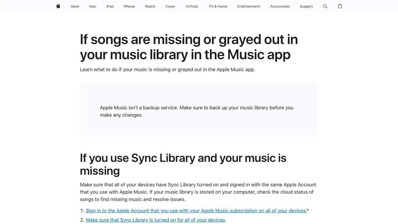 Apple support page for missing or grayed out songs in a Music library