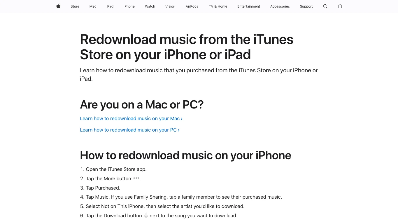 Apple support page for redownloading purchased music and checking hidden purchases