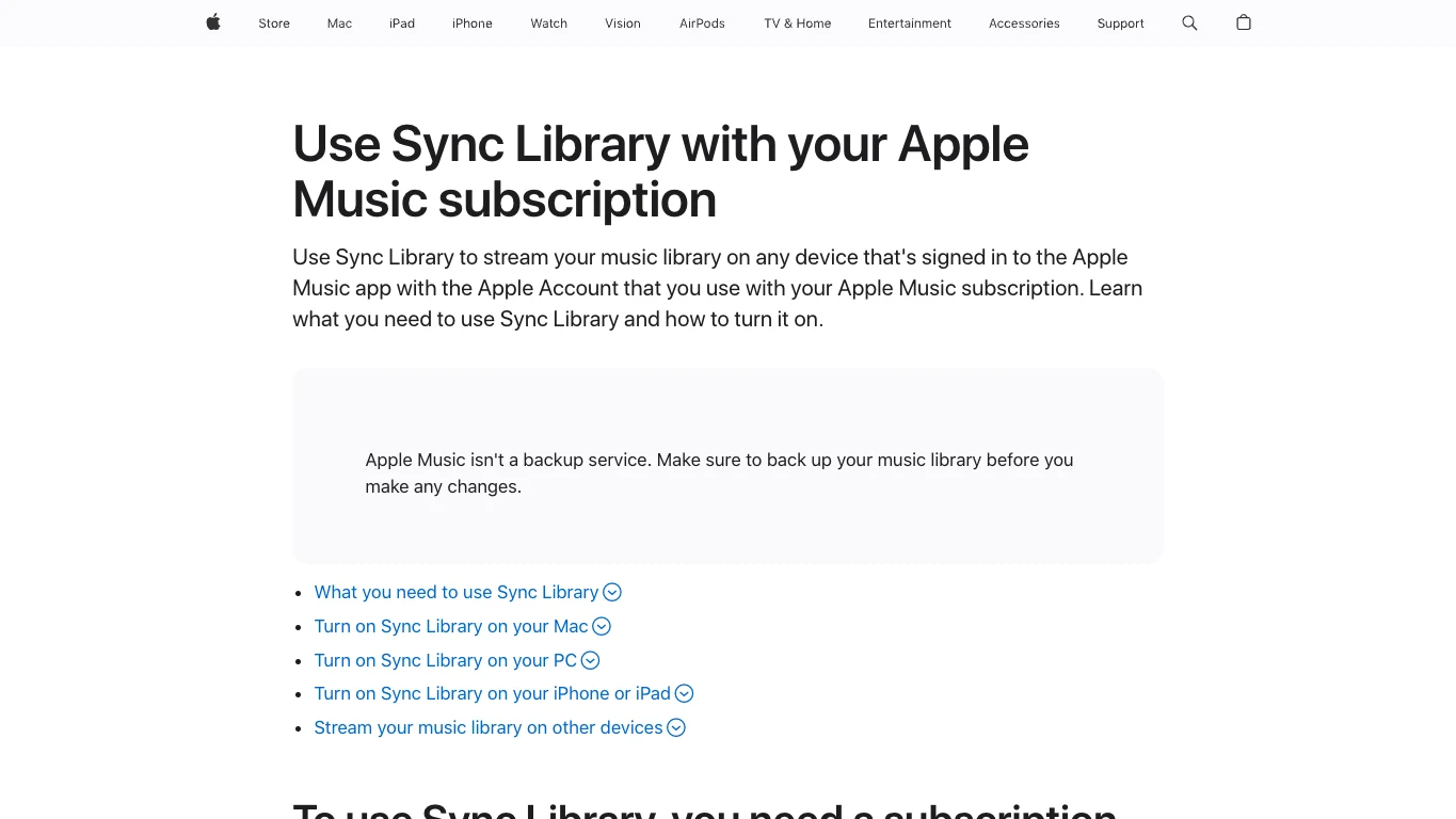 Apple Sync Library support page saying Apple Music is not a backup service
