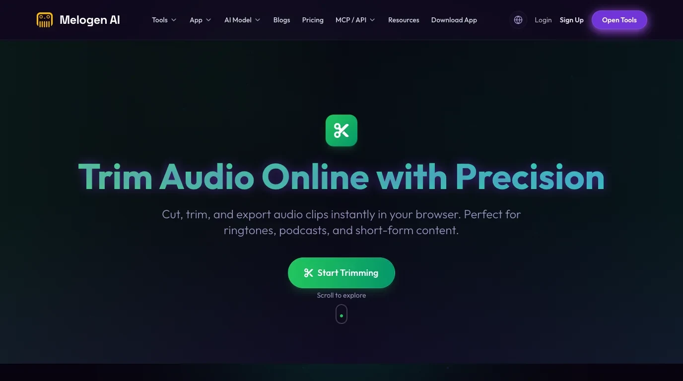 Melogen Music Trimmer page for editing owned local audio after Apple Music library recovery