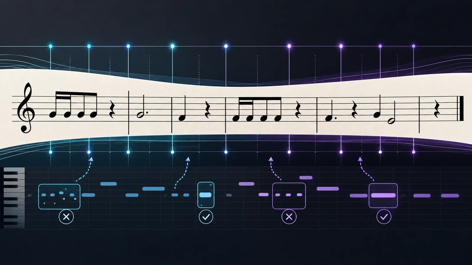 Rhythm notation staff aligned with beat grid and MIDI timing lanes