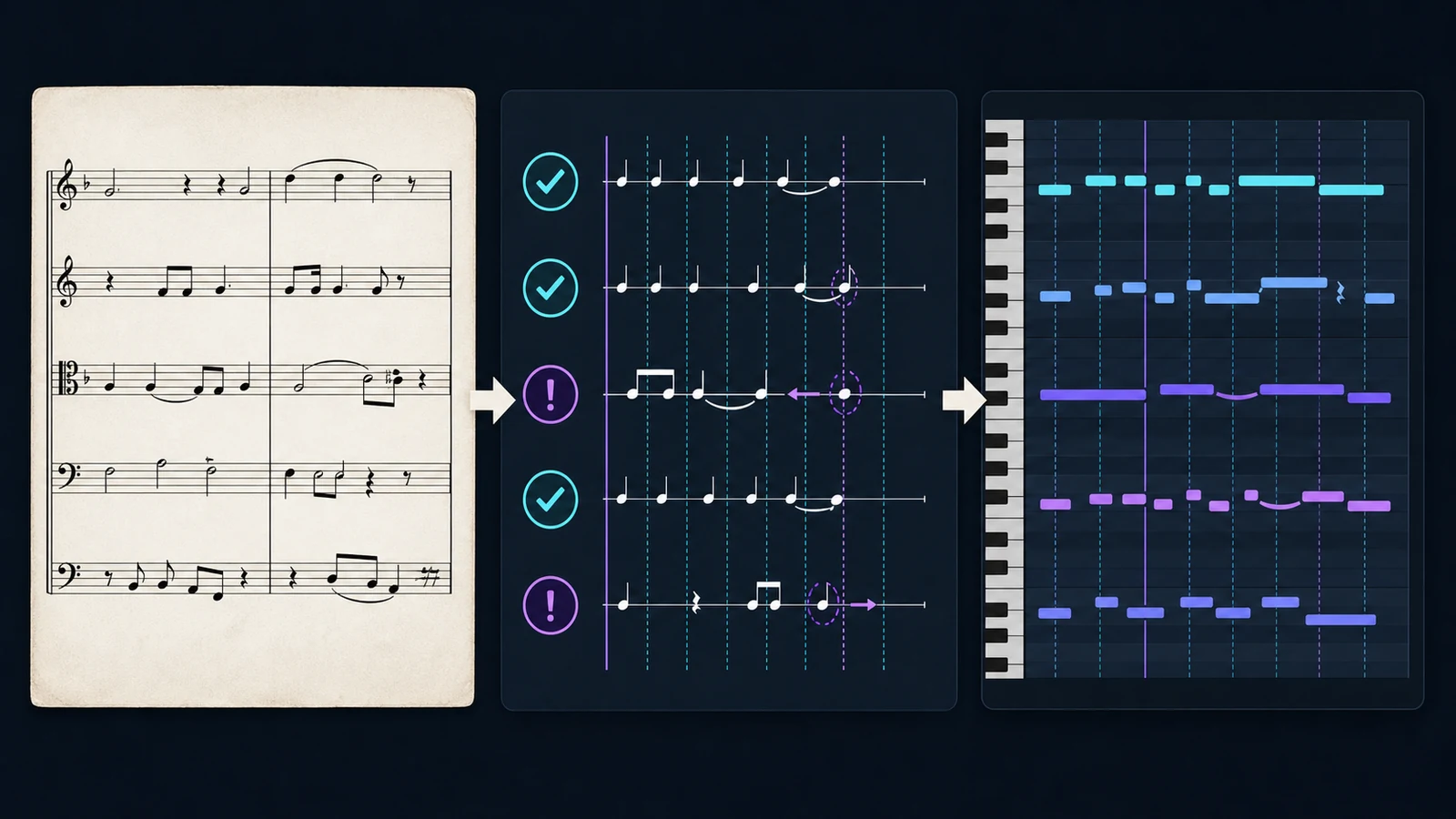 Workflow from scanned score through rhythm checks into editable MIDI lanes