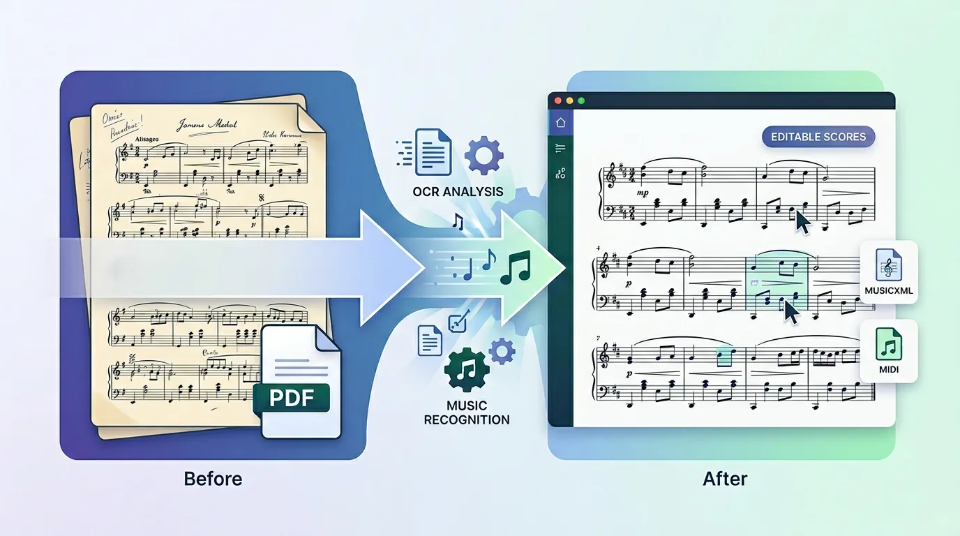 Spartito PDF che passa tramite OMR a un flusso modificabile in MuseScore