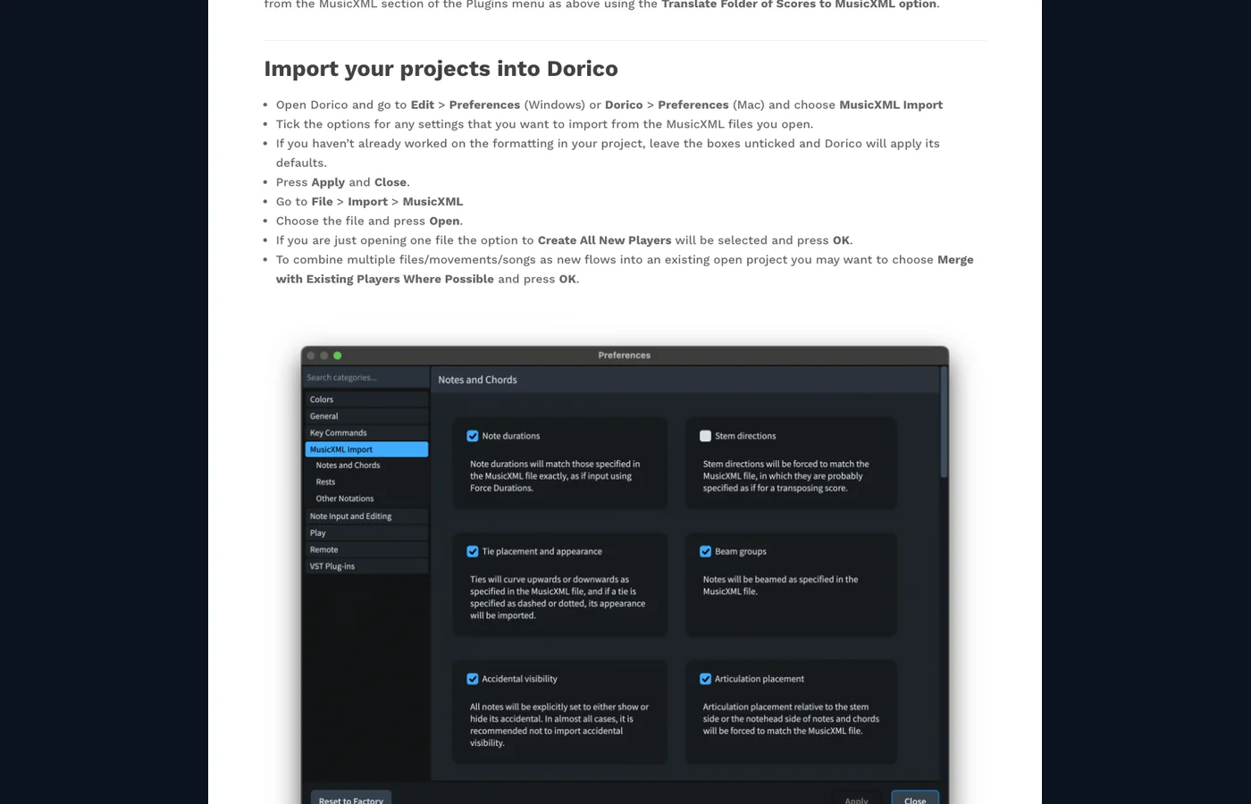 Dorico official MusicXML import article showing import steps and MusicXML import preferences