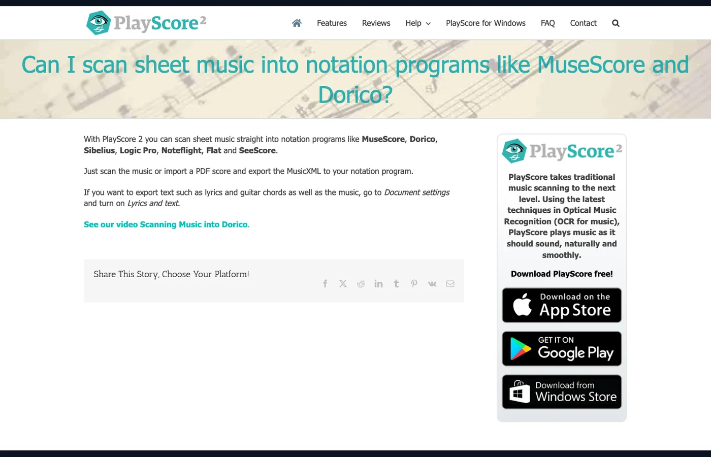 PlayScore public FAQ about scanning sheet music into Dorico and other notation programs