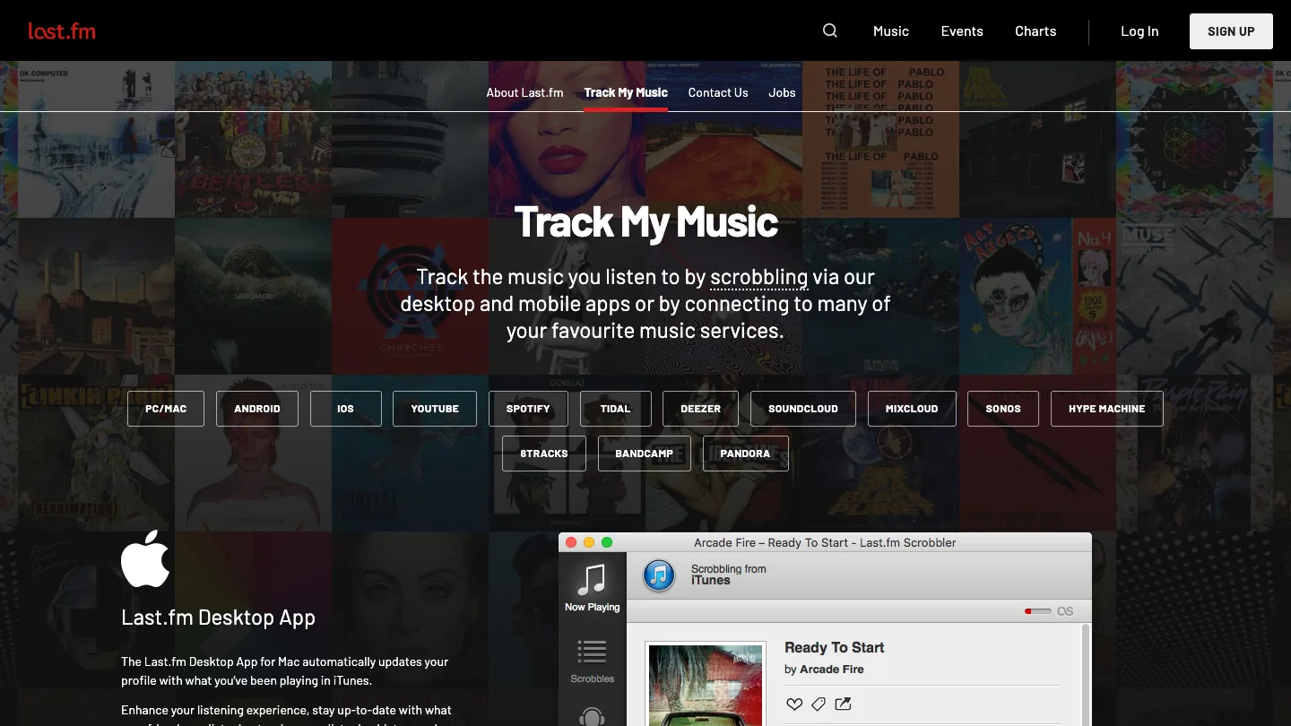 Last.fm Track My Music page showing supported scrobbling sources including Spotify