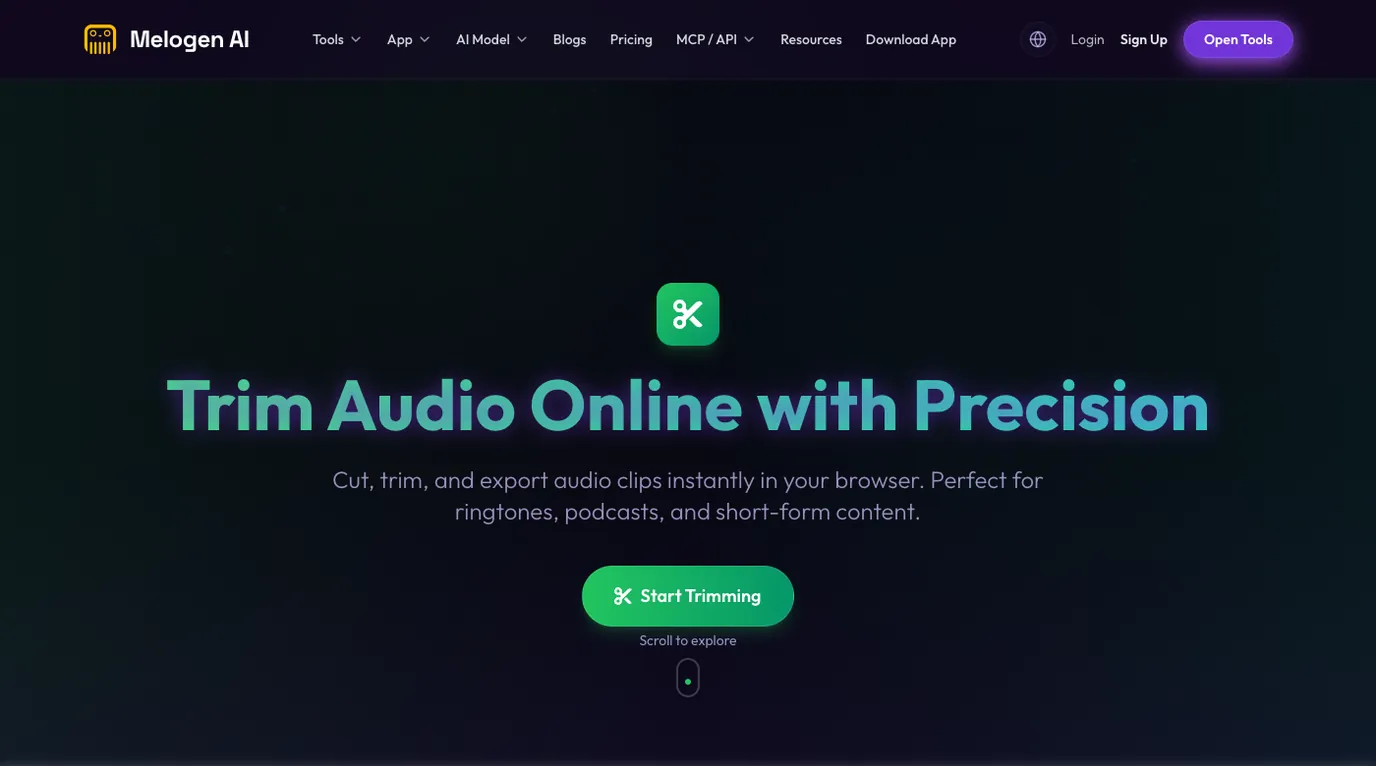 Melogen Music Trimmer page for editing owned local audio after scrobbling questions are separate