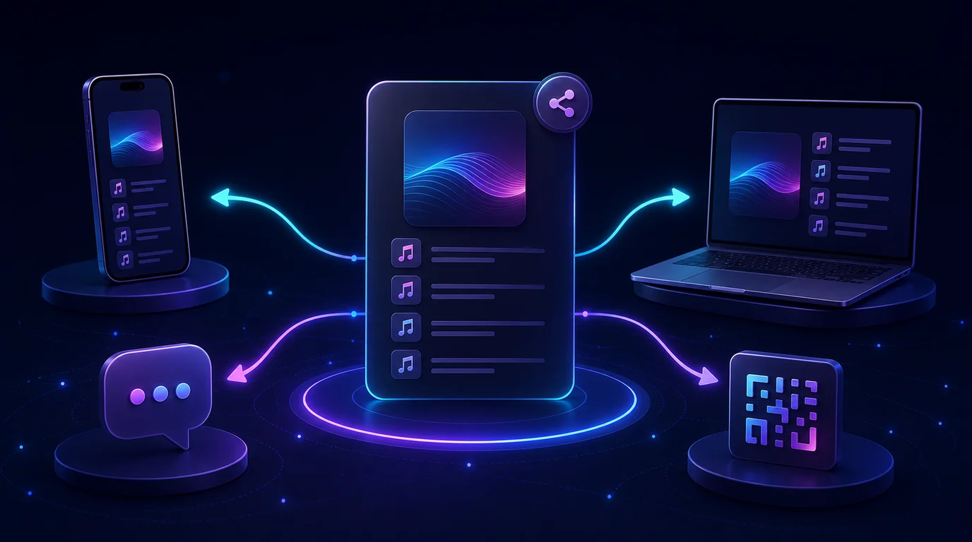 Playlist branching to a phone, laptop, message, and scannable sharing tile