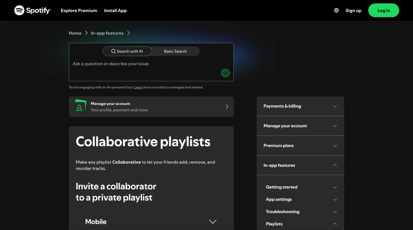 Spotify official collaborative playlists support page showing collaborator editing access