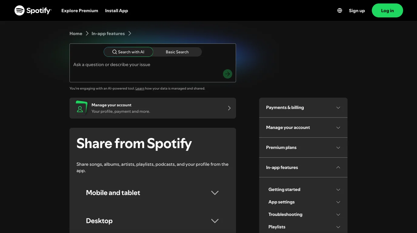 Spotify official Share from Spotify support page showing mobile, desktop, link, and Code options
