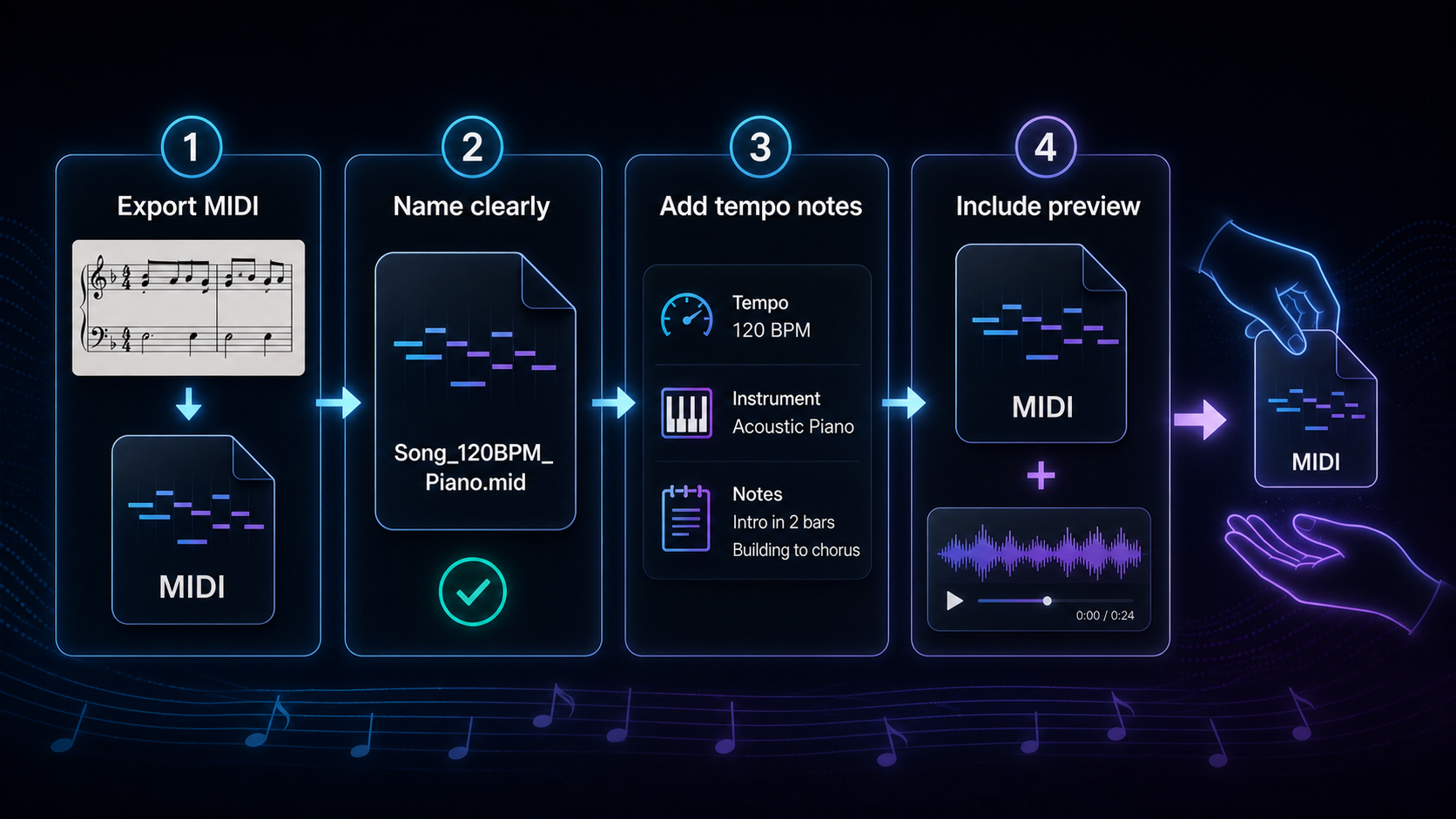 Checklist visual for exporting, naming, annotating, and previewing a shared MIDI file