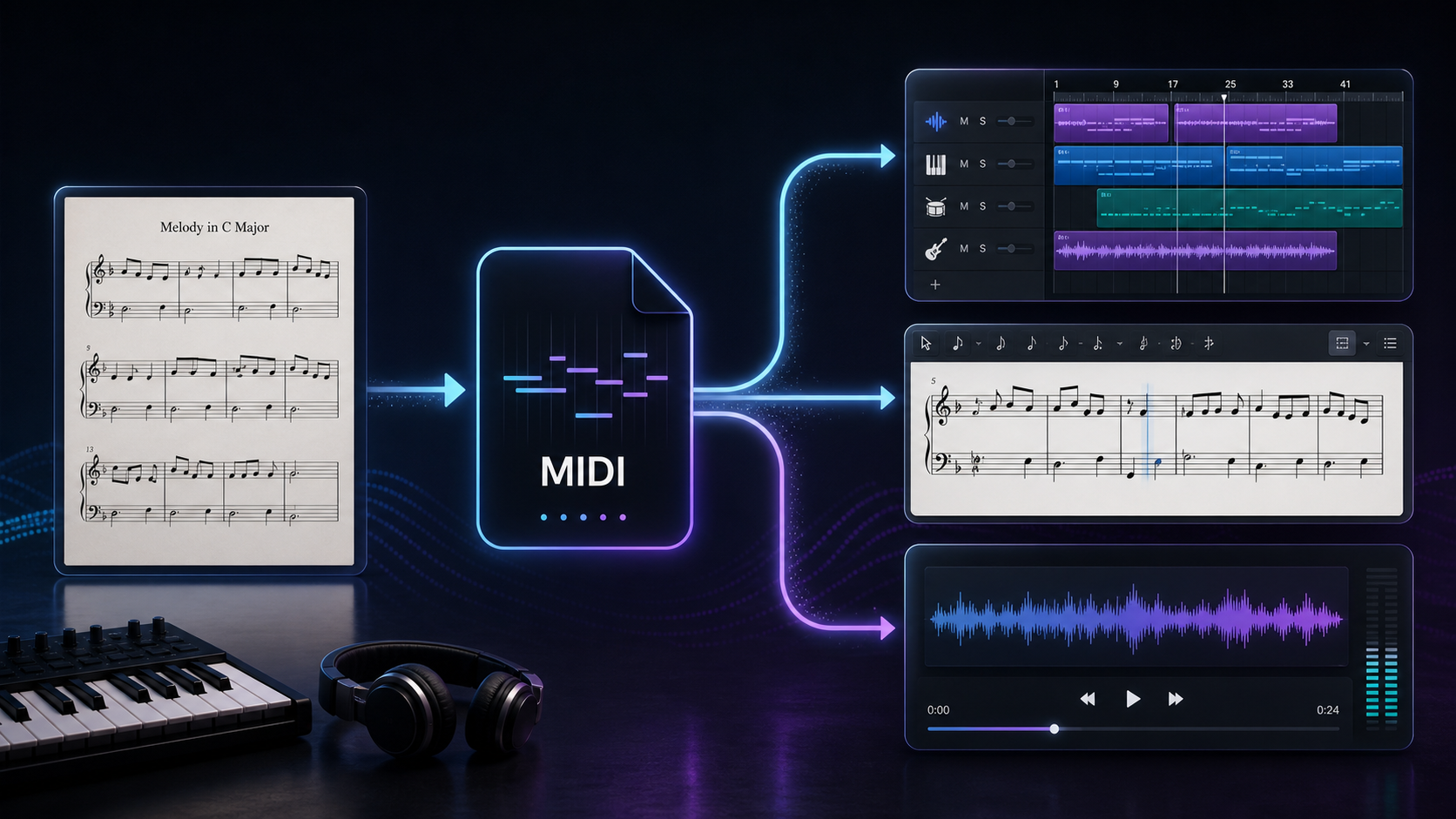 Sheet music turning into a MIDI file and branching into DAW, notation, and audio preview workflows