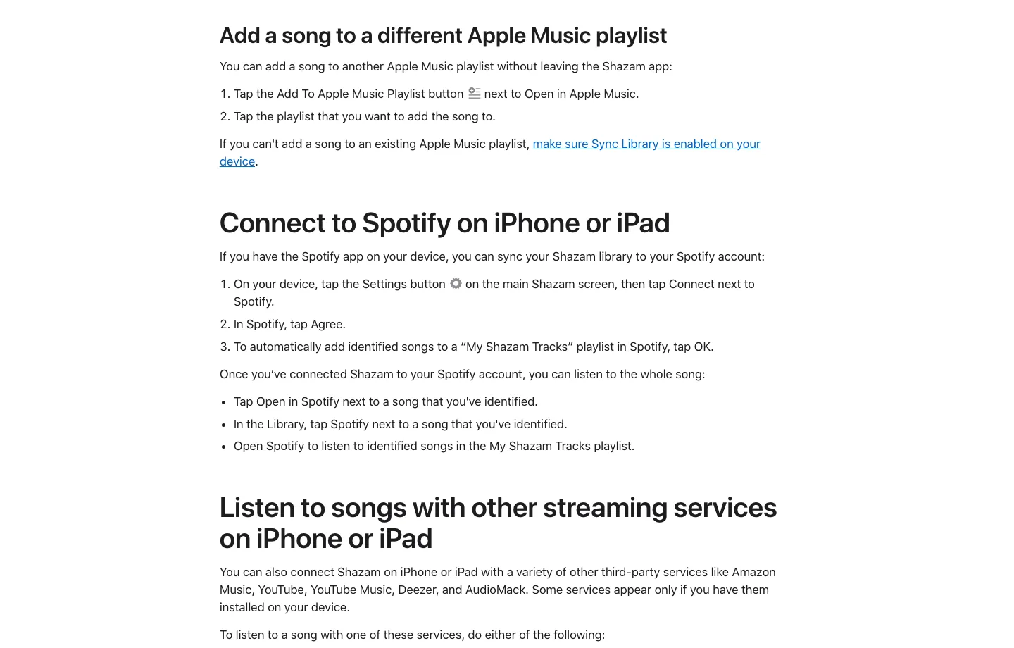 Apple Support page showing the Shazam connection steps for Spotify