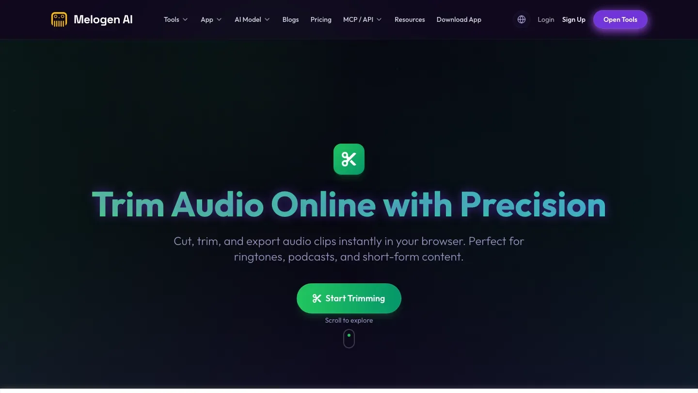 Melogen Music Trimmer page for preparing owned local audio clips